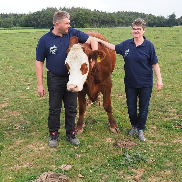 Der Bio Erlebnishof Betz_Ochse Herr und Frau Betz mit zahmen Ochsen auf Wiese