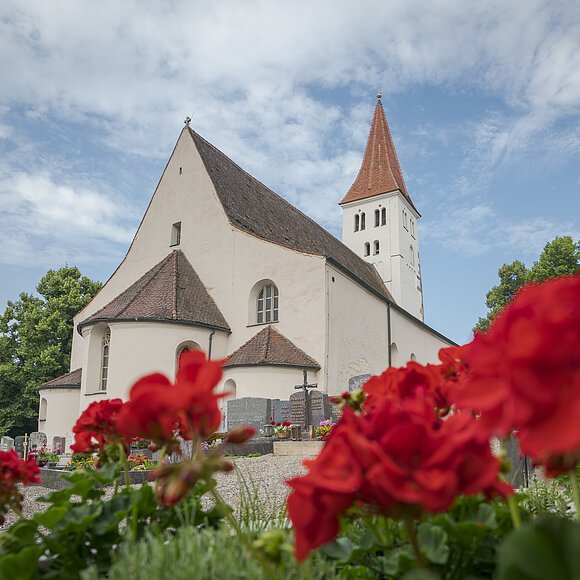 Die Basilika von außen. Rechts ist die Stadtmauer angedeutet und im Vordergrund blühen rote Blumen.