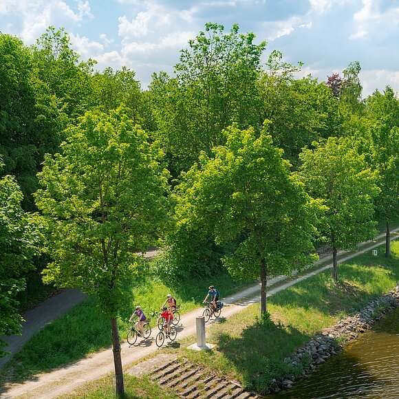 Fünf Radfahrer auf einem Weg entlang eines Flusses mit Bäumen und Hügeln im Hintergrund bei bewölktem Himmel.